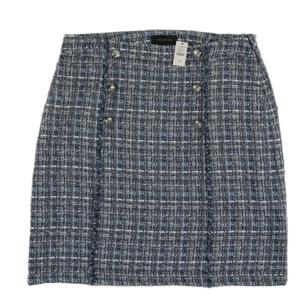 NWT Talbots Blue Tweed Mini Skirt Women's‎ Size 10 Button Front Frayed Trim